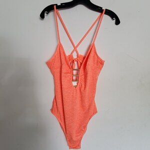 NEW Zaful Heathered Coral Orange High Cut Cross Back One Piece Bodysuit Sz Large